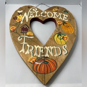 Primitive Wood “Welcome Friends” Fall Hanging‎ Heart Sign w/ Pumpkins & Flowers